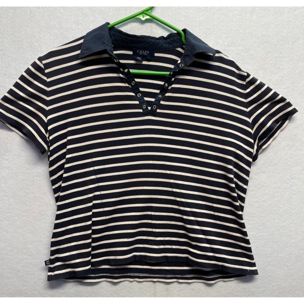 Vintage Chaps Blue and White Striped Rivet Neck Polo Crop Sleeve Size Large